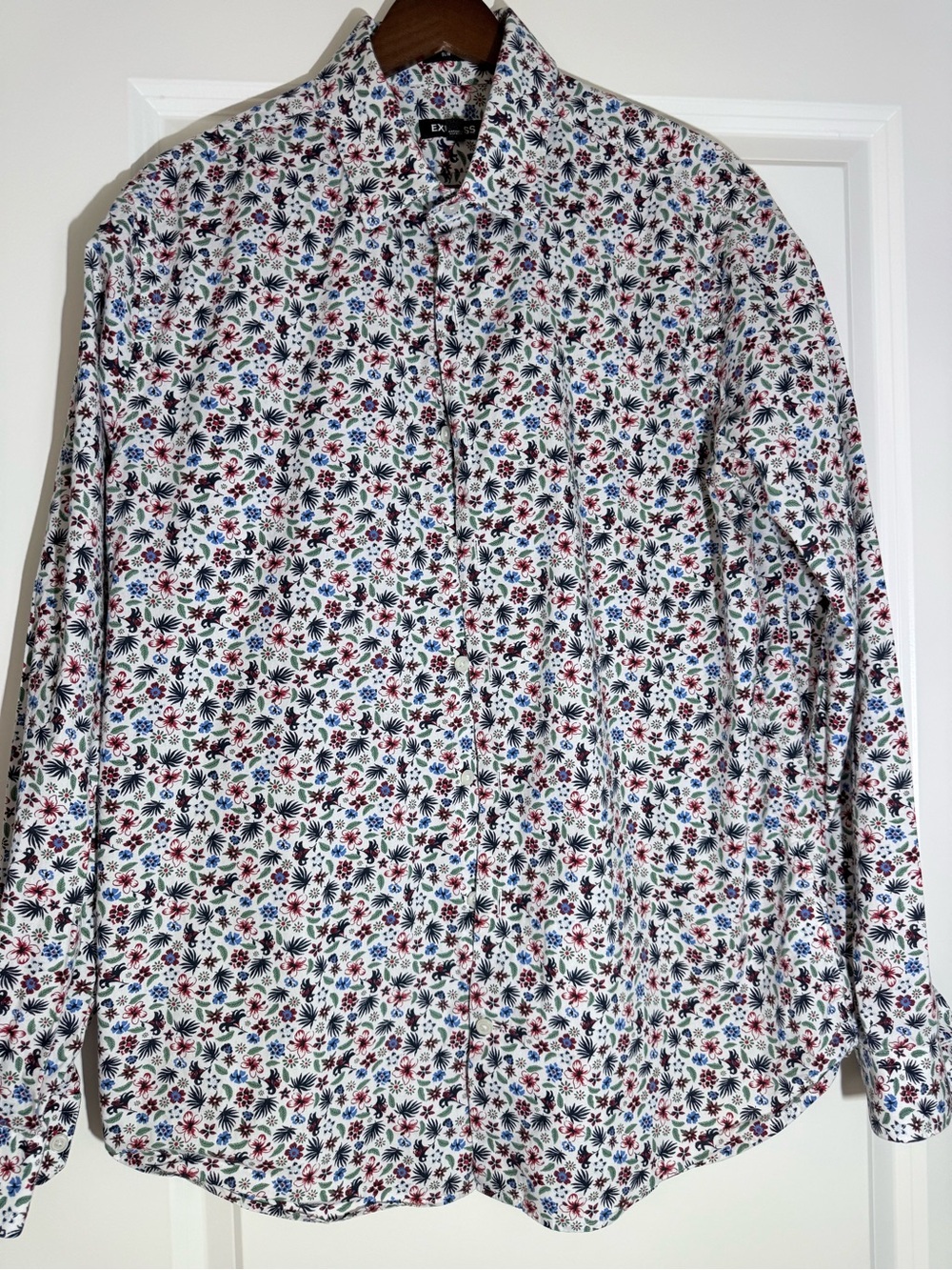 Express Men’s White Floral Button-Down Shirt with Multicolor Print